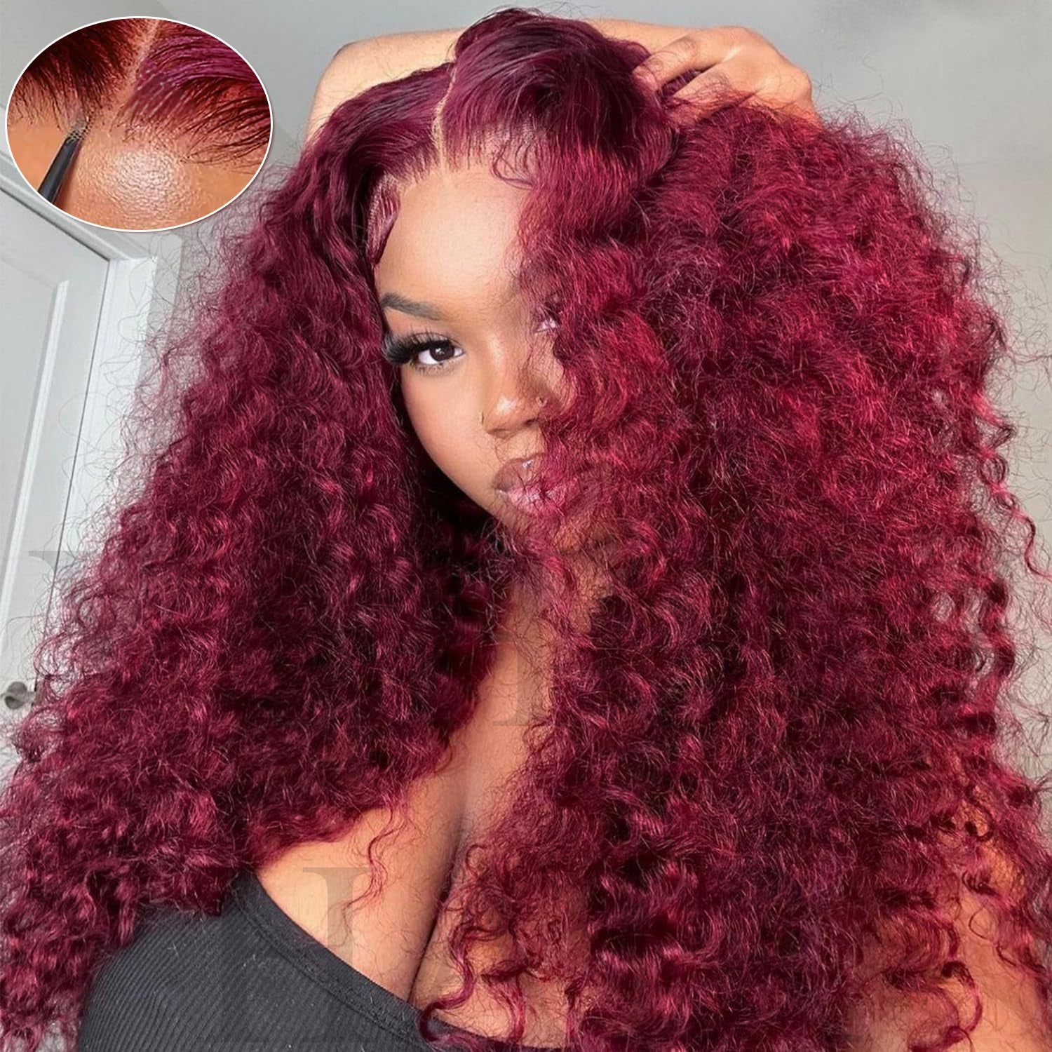 Perismoda 99J Burgundy Deep Wave 7*5 Pre-cut Lace Glueless Wig Human Hair Wigs